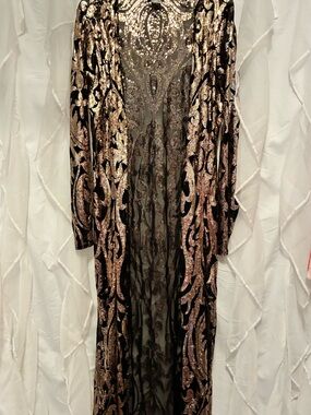 VENUS Black Sheer Sequin-Embellished Long Cardigan